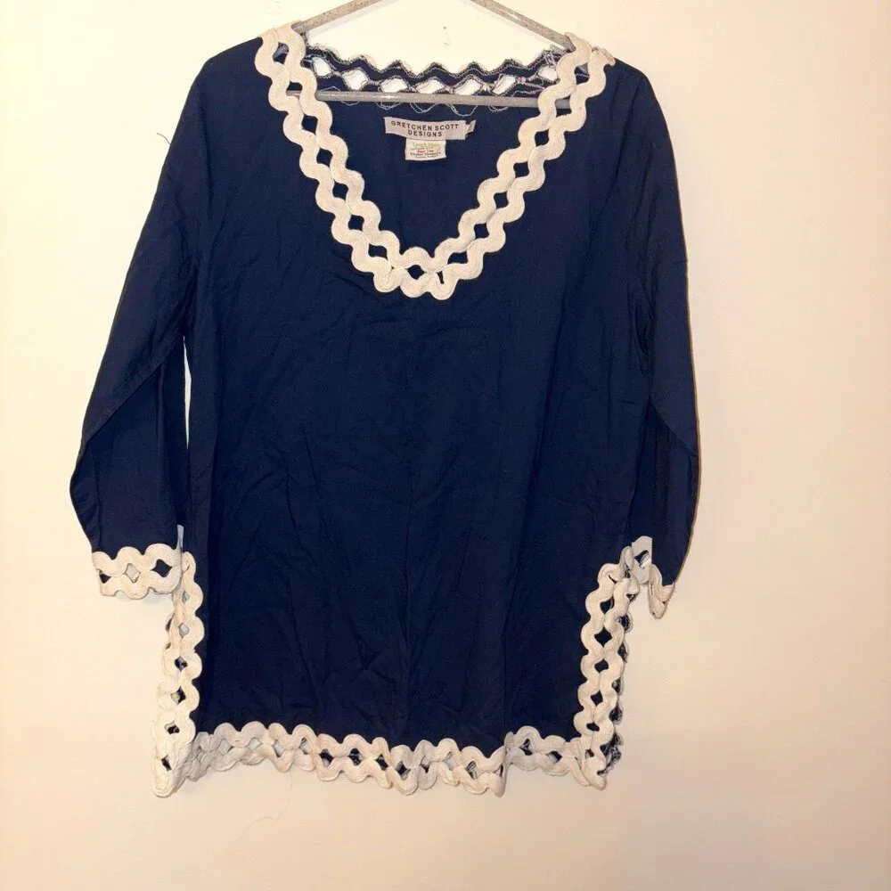Gretchen Scott Womens L Tunic Blouse Swim Cover Navy w/ White Ric Rac - Picture 1 of 6